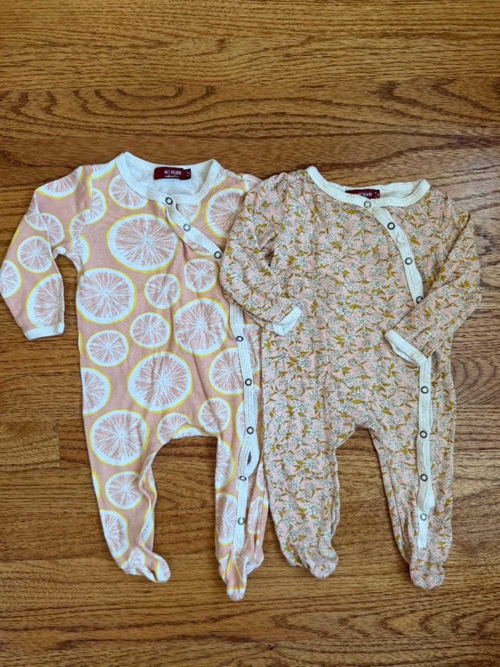 Milkbarn Footed Rompers, set of 2 - Grapefruit / Pink Floral